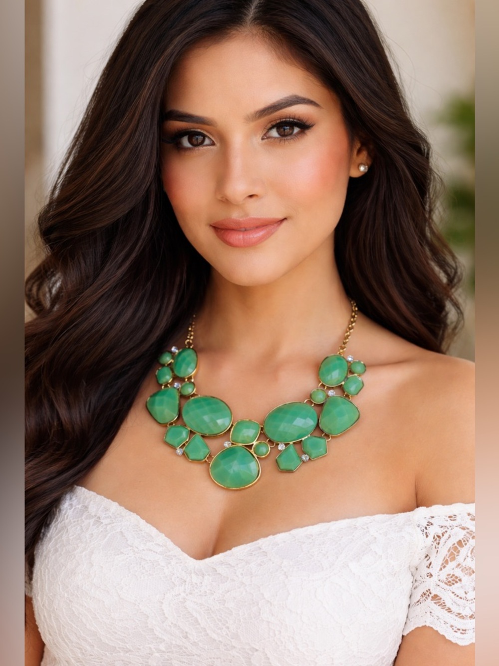 Green Teal Acrylic Statement Bib Necklace Gold Tone Cable Chain Adjustable Clasp - Picture 3 of 11